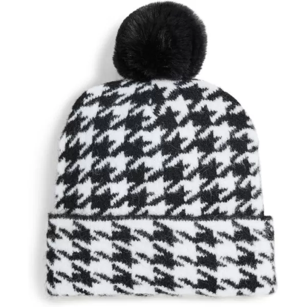 Jocelyn Womens Houndstooth Knit Hat with PomBlackWhite