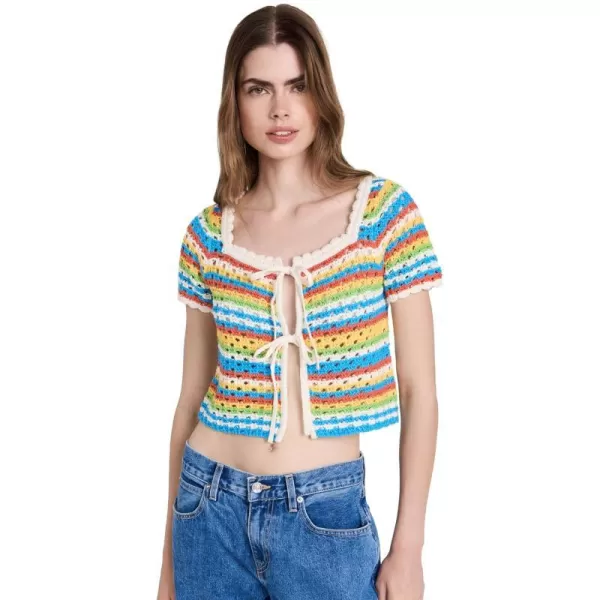 KITRI Womens Drew Blue Crochet Short Sleeve Knit CardiganBlue Multi Stripe