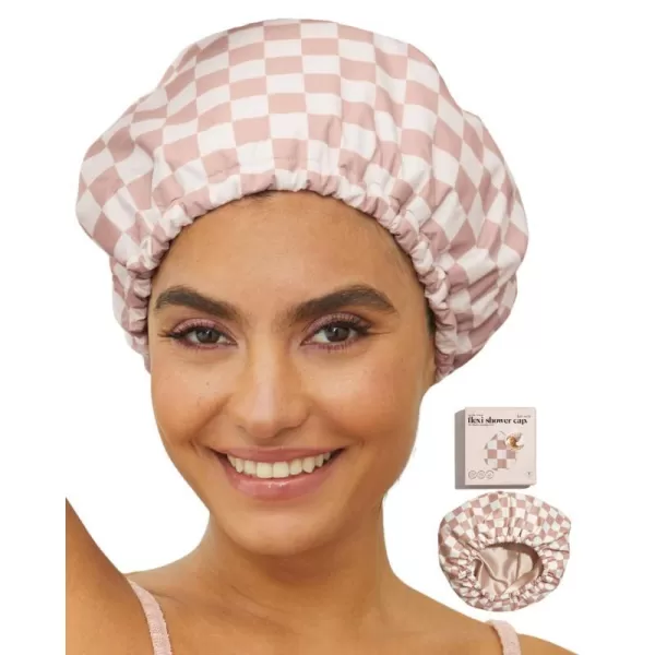 Kitsch Luxury Shower Cap for Women Waterproof  Reusable Shower Cap Hair Cap for Shower Waterproof Hair Shower Caps for Long Hair NonSlip Cute Shower Cap One Size Chic Shower Bonnet  StripeTerracotta Checker