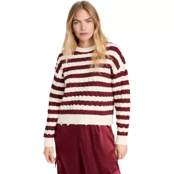 LNA Womens Devi Distressed Cable Knit SweaterIvory Burgundy Stripe