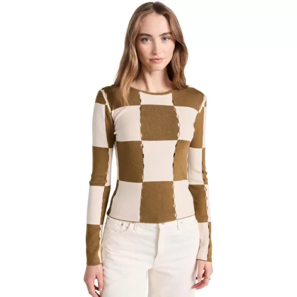 MOON RIVER Womens Checkerboard Sweater TopOlive