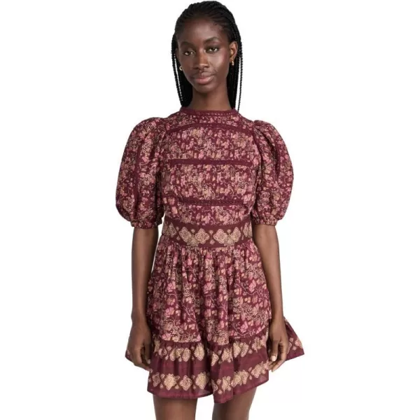 Sea Womens Giulia Print Puff Sleeve Pintucked DressMaroon