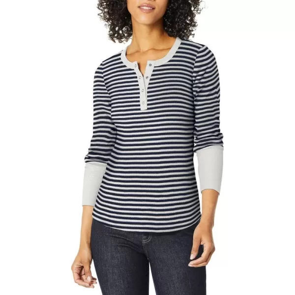 Splendid Womens Long Sleeve Thermal Henley ShirtOff Off White and Blue Stripe