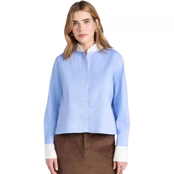 THE GREAT Womens The Pleated Tux TopBlue Oxford W White Poplin