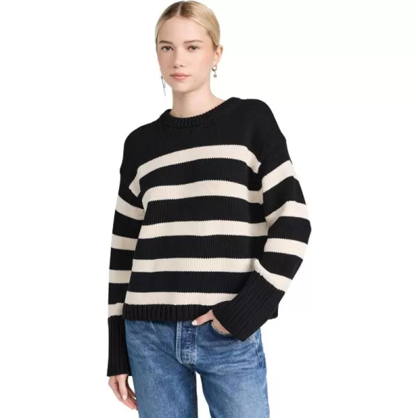 White  Warren Womens Core Spun Cotton Striped CrewneckBlackNatural