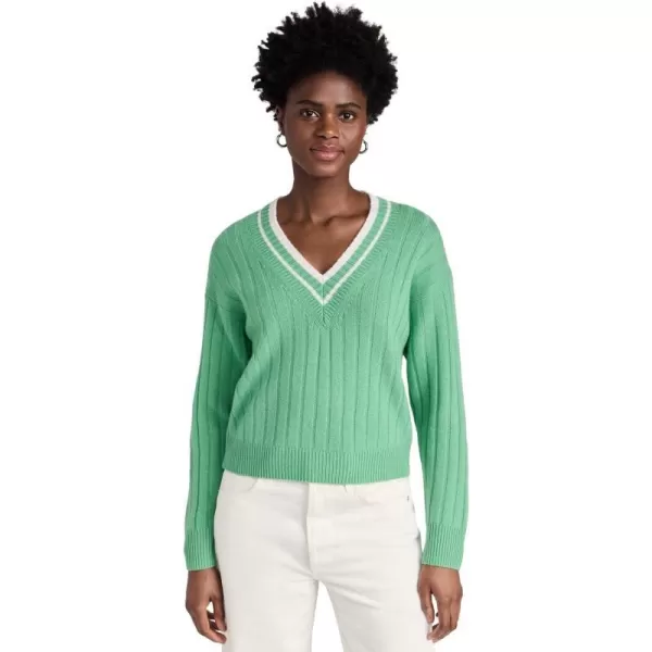 Womens Cashmere Varsity Wide Rib V NeckRetro GreenWhite