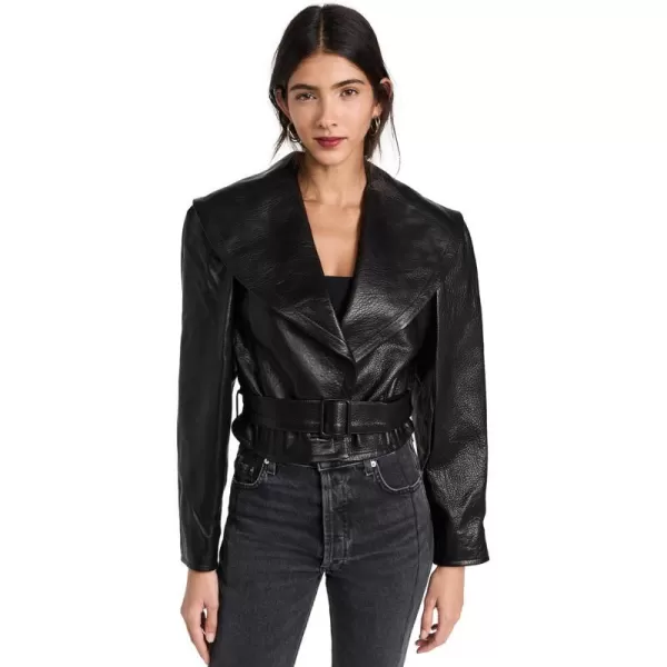 Womens Cropped Belted Leather JacketBlack