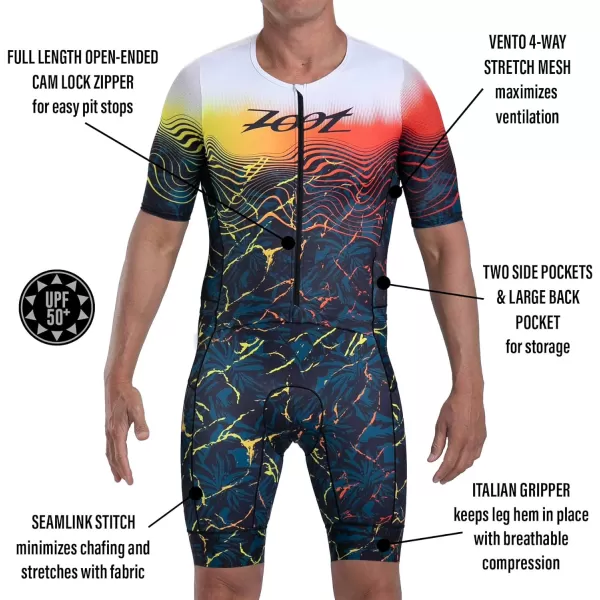 imageZoot Mens LTD Tri Aero Fz Racesuit Short Sleeve Aerodynamic Cycling Race Swim Bike Run Tri Suit with Pockets UPF 50 FabricKoa Tropical