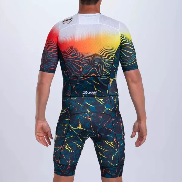 imageZoot Mens LTD Tri Aero Fz Racesuit Short Sleeve Aerodynamic Cycling Race Swim Bike Run Tri Suit with Pockets UPF 50 FabricKoa Tropical