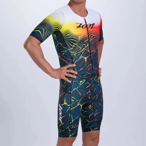 imageZoot Mens LTD Tri Aero Fz Racesuit Short Sleeve Aerodynamic Cycling Race Swim Bike Run Tri Suit with Pockets UPF 50 FabricKoa Tropical