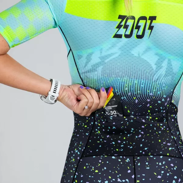 imageZoot Womens LTD Tri Aero Fz Racesuit Short Sleeve Aerodynamic Cycle Race Swim Bike Run Tri Suit with Pockets UPF 50 FabricElectric