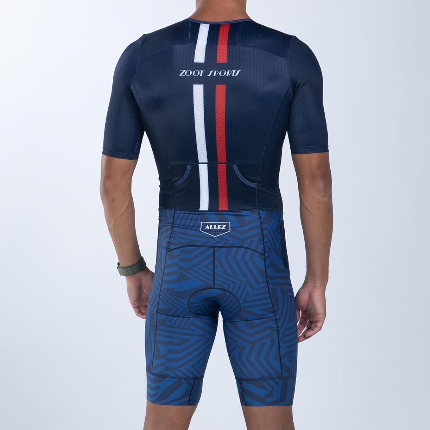 imageZoot Mens LTD Tri Aero Fz Racesuit Short Sleeve Aerodynamic Cycling Race Swim Bike Run Tri Suit with Pockets UPF 50 FabricAllez