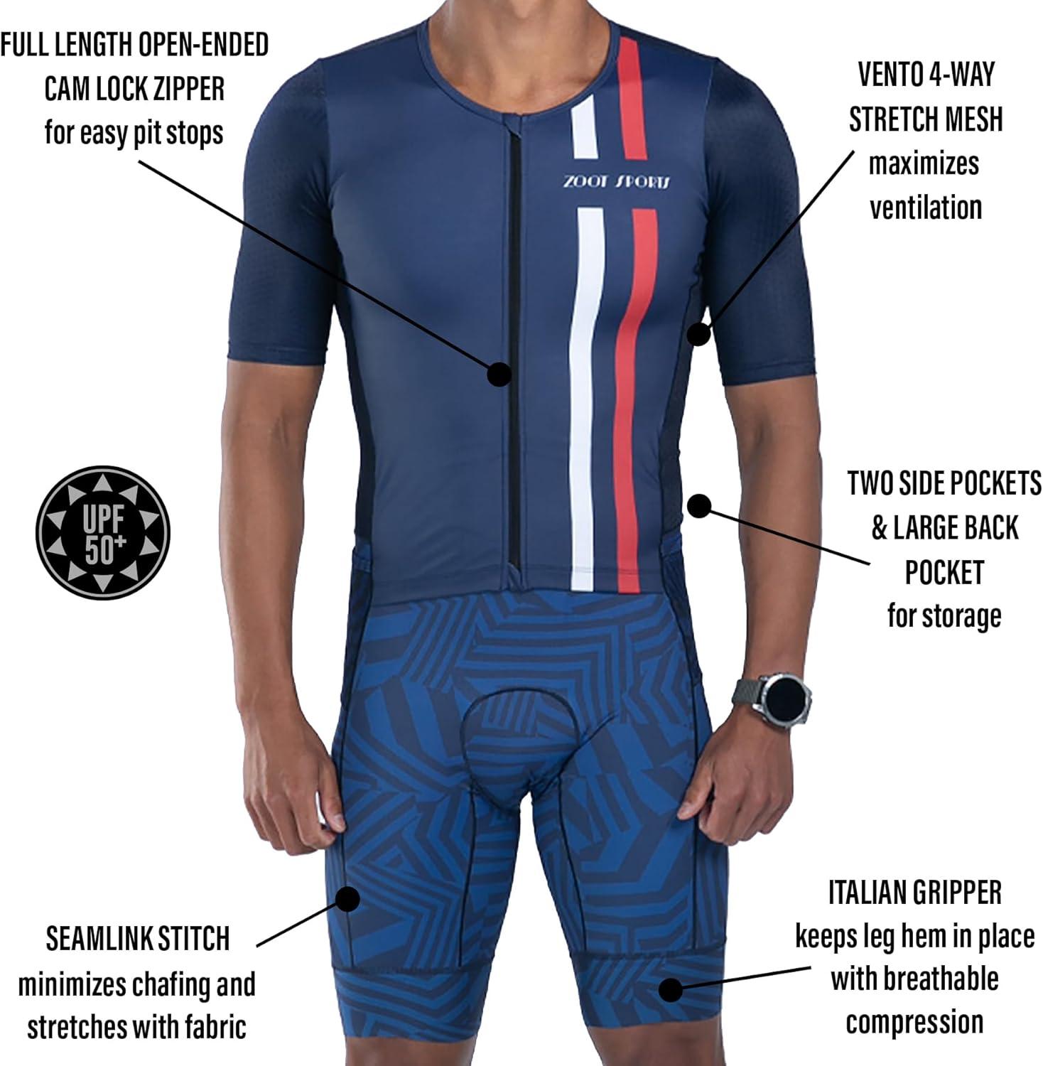 imageZoot Mens LTD Tri Aero Fz Racesuit Short Sleeve Aerodynamic Cycling Race Swim Bike Run Tri Suit with Pockets UPF 50 FabricAllez
