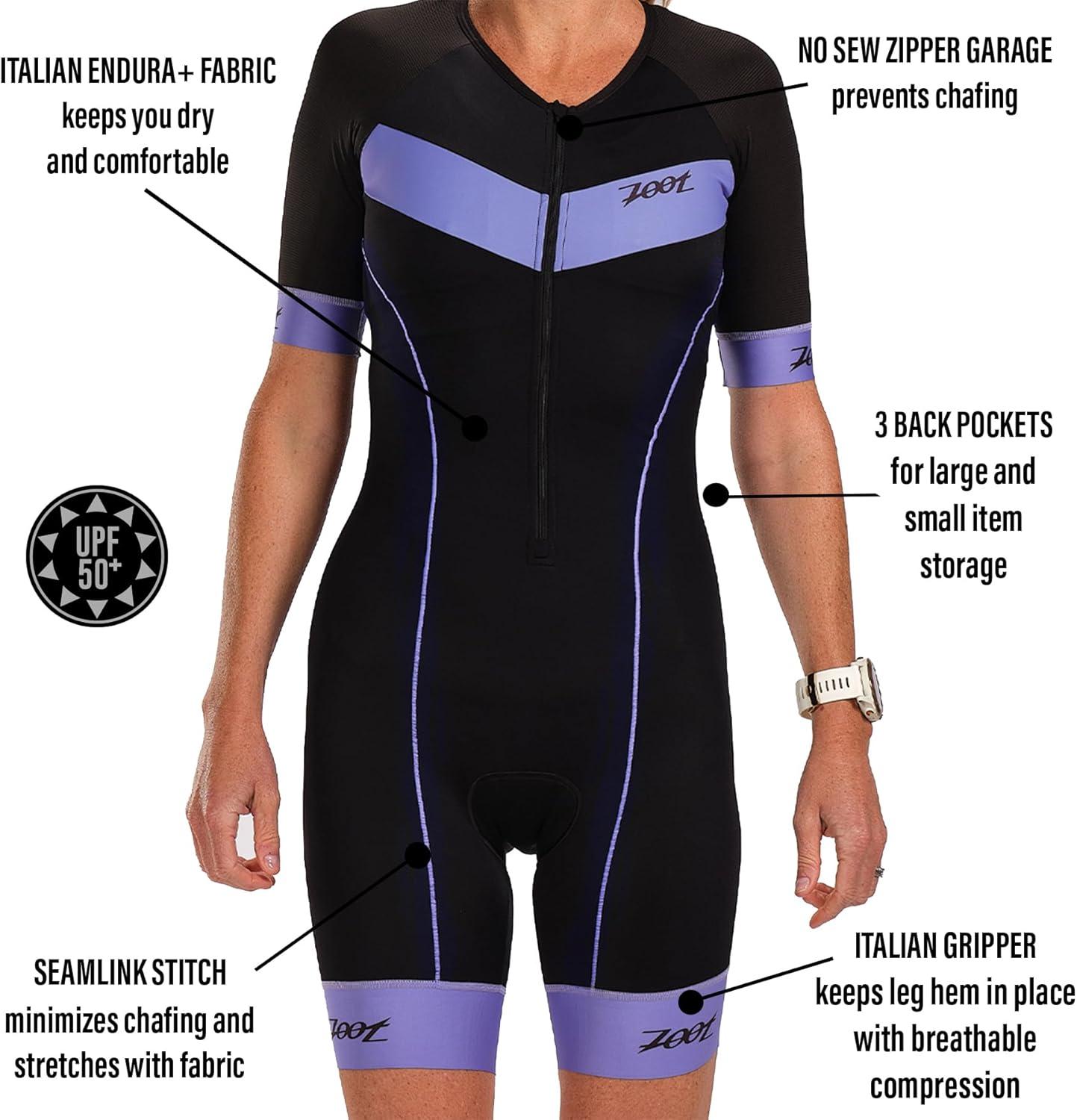 imageZoot Womens Core Tri Aero Racesuit Short Sleeve Triathlon Suit Swim Bike Run Chamois Pad Pockets UPF 50 FabricViolet