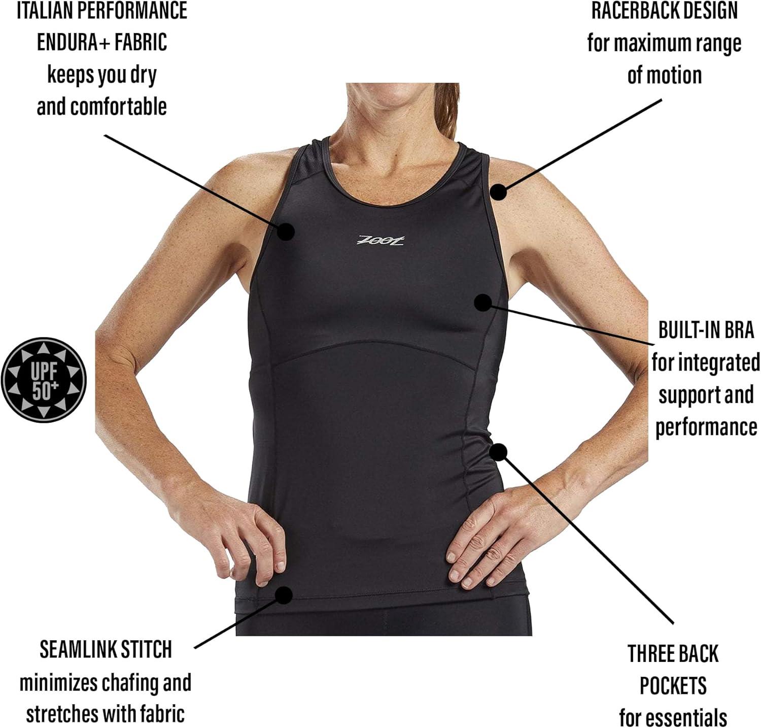 imageZoot Womens Core Tri Racerback Tank Performance Triathlon Race Tank Top UPF 50 Fabric Rear Pockets Builtin Bra SupportBlack