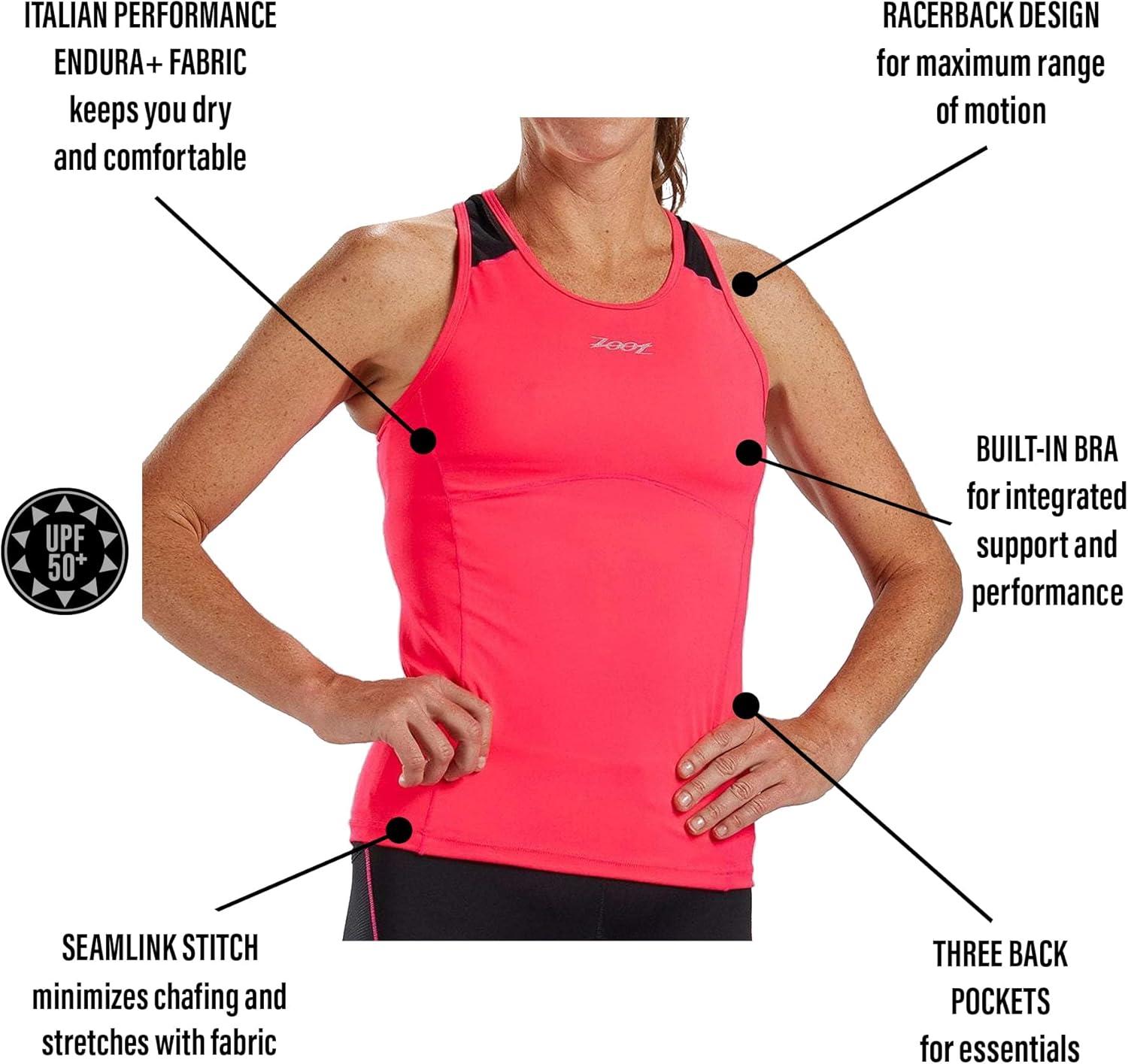 imageZoot Womens Core Tri Racerback Tank Performance Triathlon Race Tank Top UPF 50 Fabric Rear Pockets Builtin Bra SupportBlush