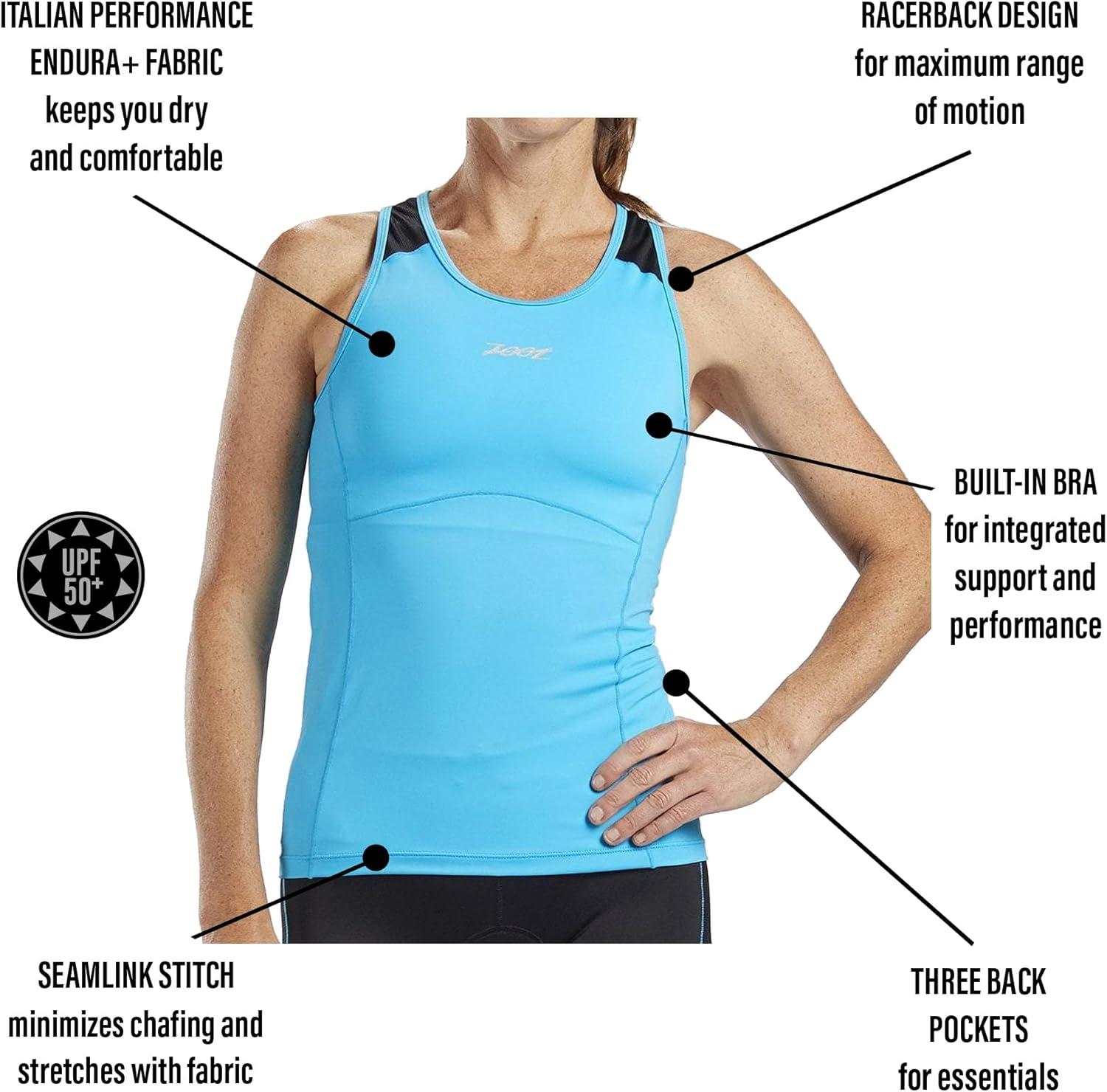 imageZoot Womens Core Tri Racerback Tank Performance Triathlon Race Tank Top UPF 50 Fabric Rear Pockets Builtin Bra SupportCascade