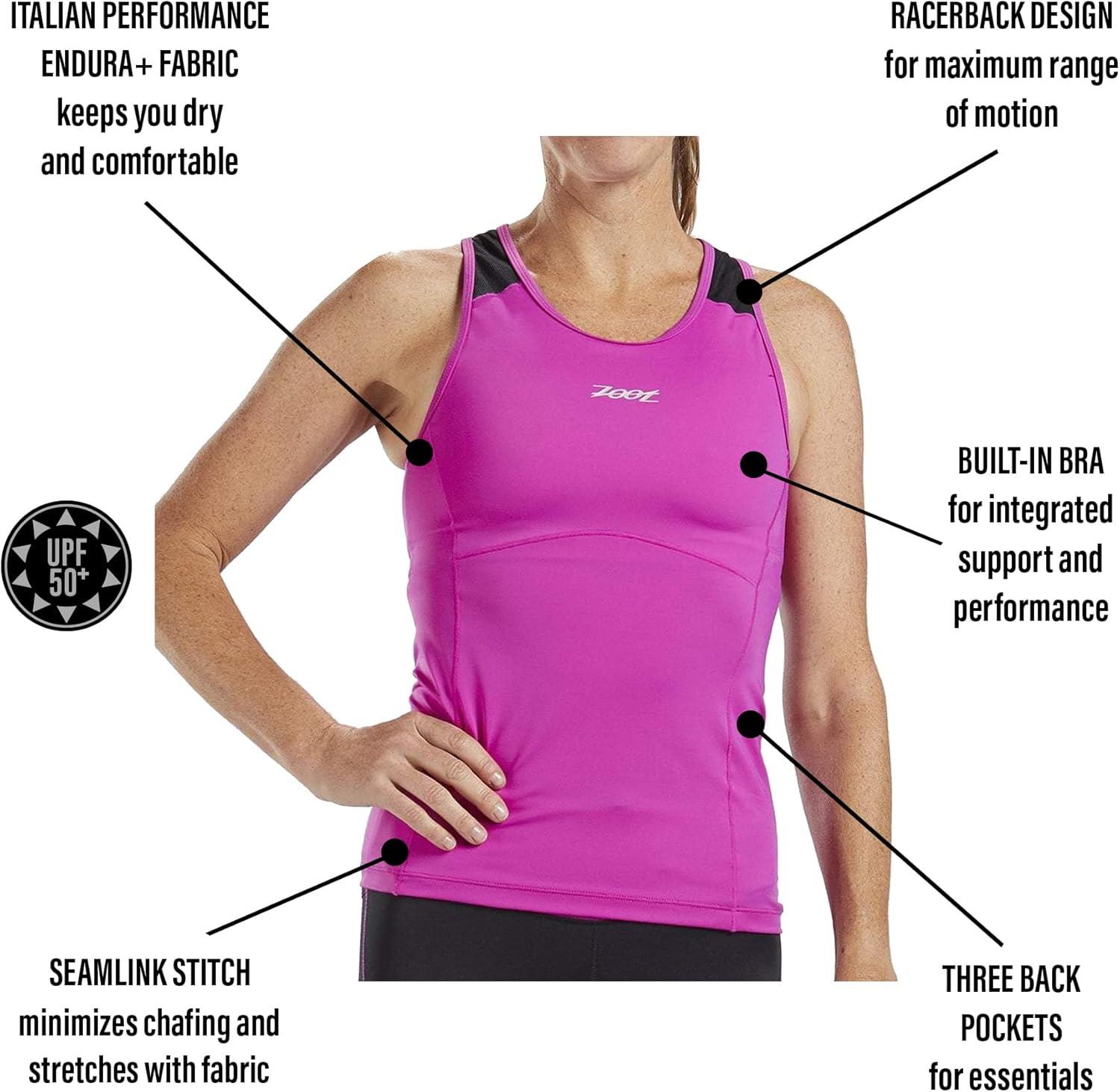 imageZoot Womens Core Tri Racerback Tank Performance Triathlon Race Tank Top UPF 50 Fabric Rear Pockets Builtin Bra SupportRazz