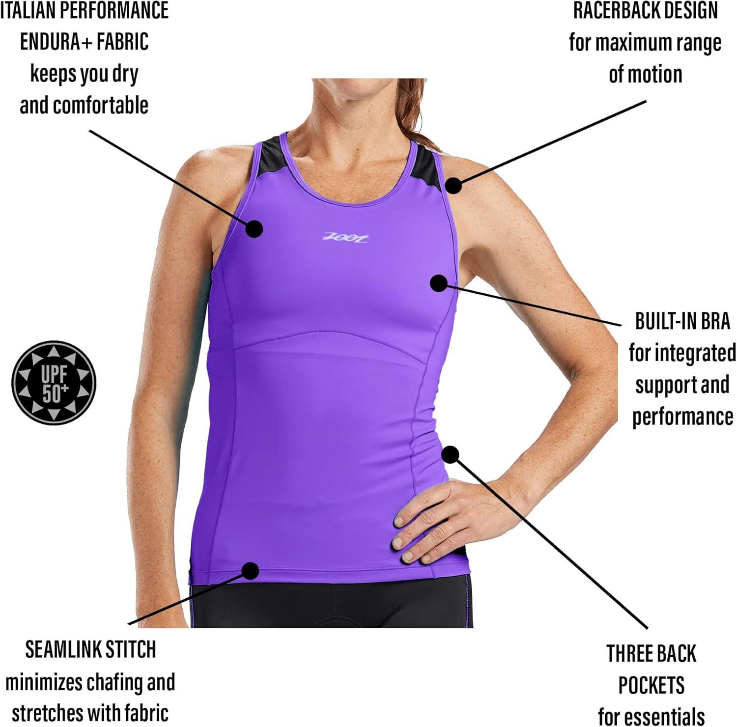 imageZoot Womens Core Tri Racerback Tank Performance Triathlon Race Tank Top UPF 50 Fabric Rear Pockets Builtin Bra SupportViolet