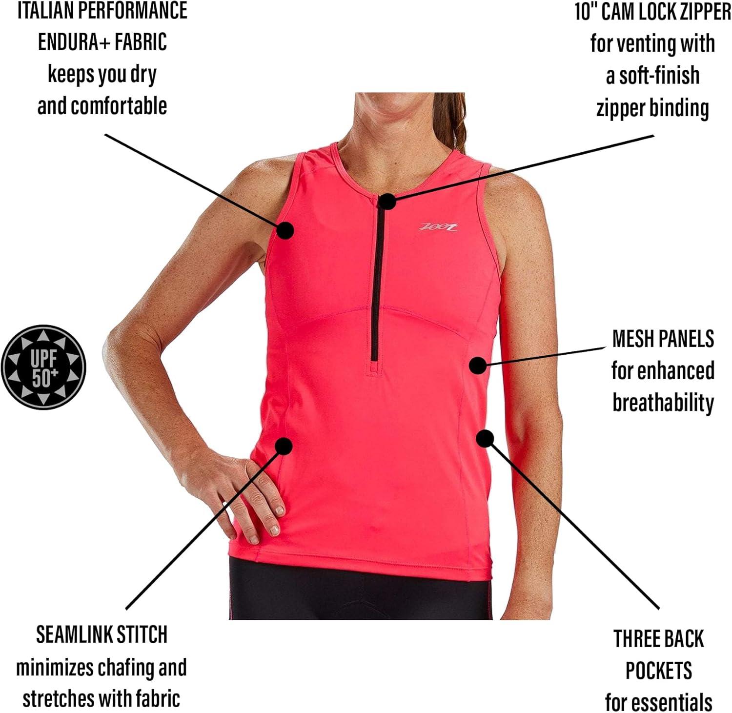 imageZoot Womens Core Tri Tank Performance Triathlon Race Tank Top UPF 50 Fabric Rear Pockets Mesh Panels ampamp Cam Lock ZipperBlush