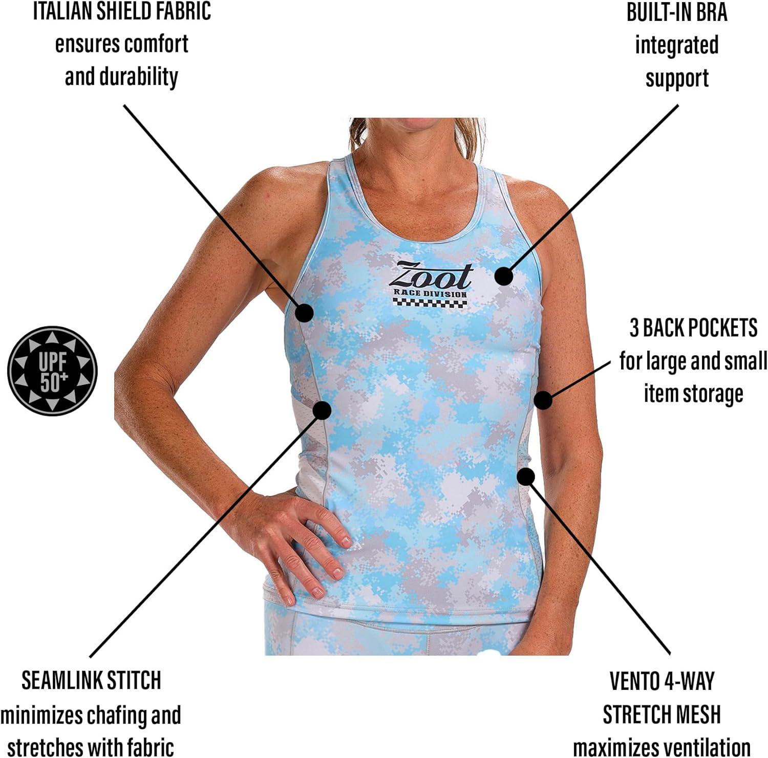imageZoot Womens LTD Racerback Triathlon Tank Top Sleeveless Tank for Racing ampamp Endurance Training Builtin Bra ampamp Rear PocketsRace Division