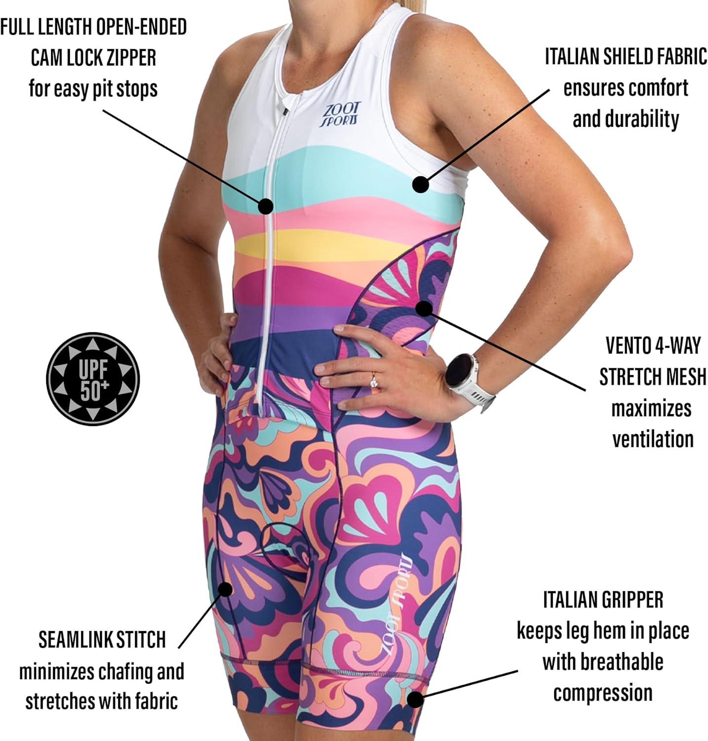 imageZoot Womens LTD Tri SLVS Fz Racesuit Sleeveless Cycle Race Swim Bike Run Tri Suit Padded Chamois Pockets UPF 50 FabricLa Mer