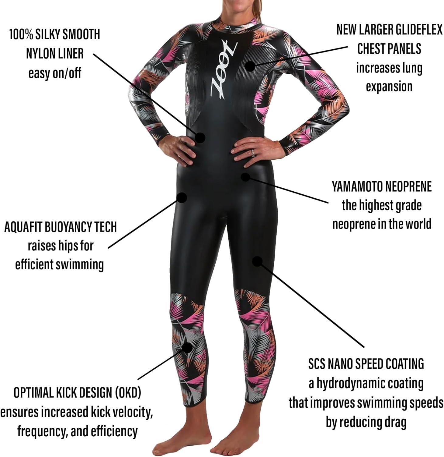imageZoot Womens Triathlon Kona 20 Wetsuit Full Body Neoprene Triathlete Suit for Open Water Swimming Ironman RacingPink Flora