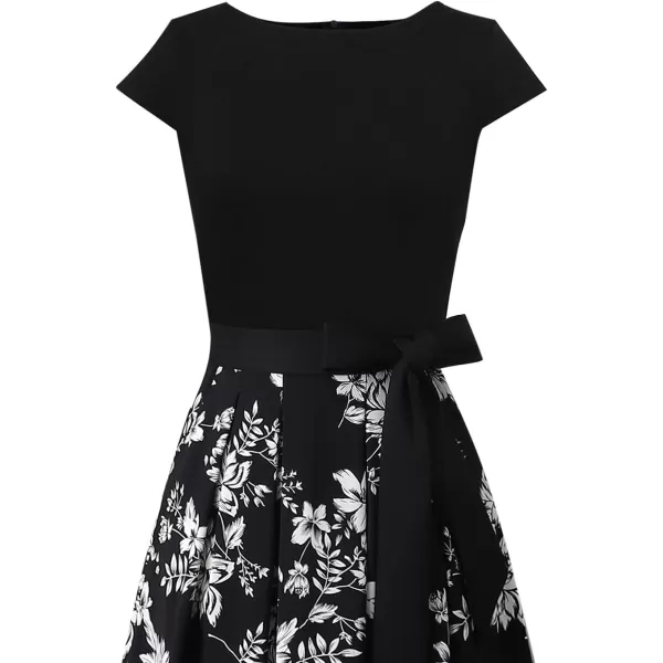 VFSHOW Womens Black and White Floral Print Patchwork Pockets Belted Pleated Work Business Office Casual ALine Midi Dress 7812 BLK M