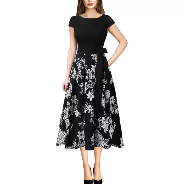 VFSHOW Womens Black and White Floral Print Patchwork Pockets Belted Pleated Work Business Office Casual ALine Midi Dress 7812 BLK M