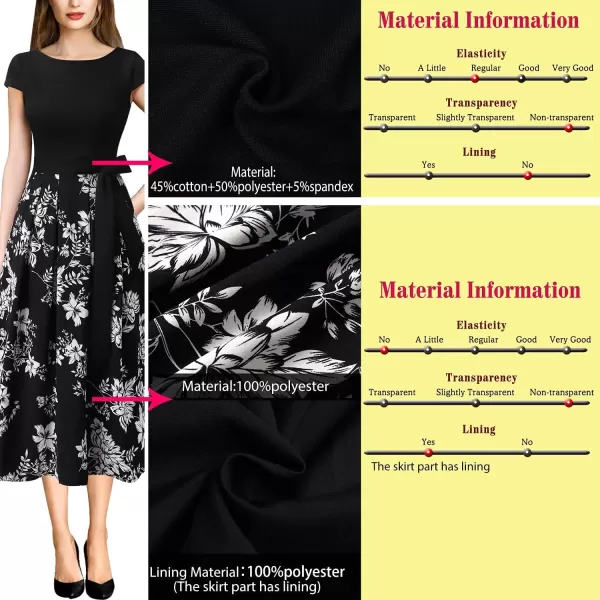 VFSHOW Womens Black and White Floral Print Patchwork Pockets Belted Pleated Work Business Office Casual ALine Midi Dress 7812 BLK M