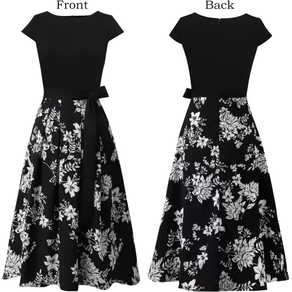 VFSHOW Womens Black and White Floral Print Patchwork Pockets Belted Pleated Work Business Office Casual ALine Midi Dress 7812 BLK M