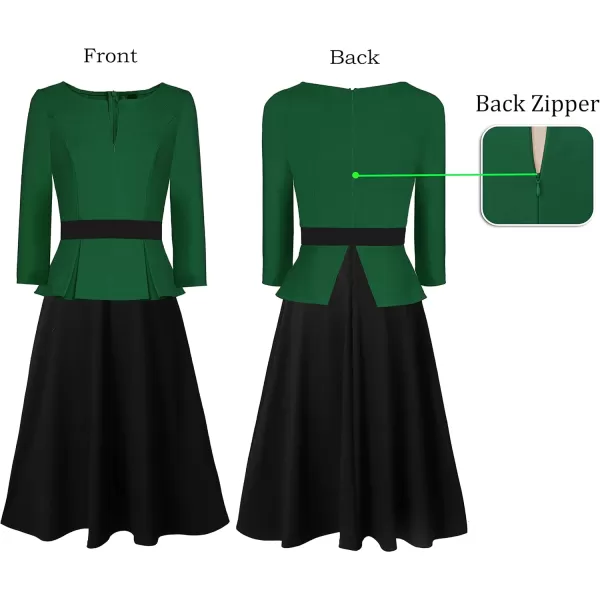 VFSHOW Womens Dark Green Black Peplum Patchwork Slim Front Zipper Work Business Office ALine Midi MidCalf Dress 10096 GRN L