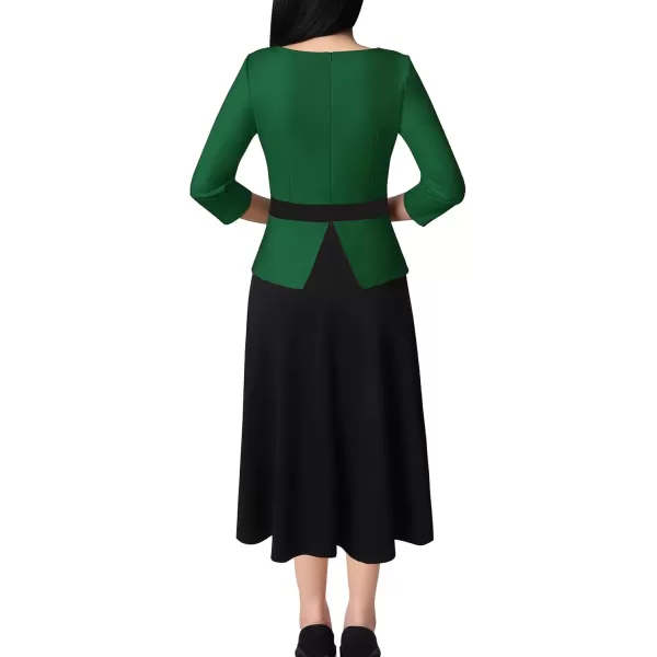 VFSHOW Womens Dark Green Black Peplum Patchwork Slim Front Zipper Work Business Office ALine Midi MidCalf Dress 10096 GRN L