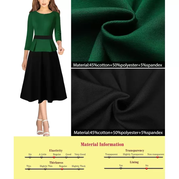 VFSHOW Womens Dark Green Black Peplum Patchwork Slim Front Zipper Work Business Office ALine Midi MidCalf Dress 10096 GRN L