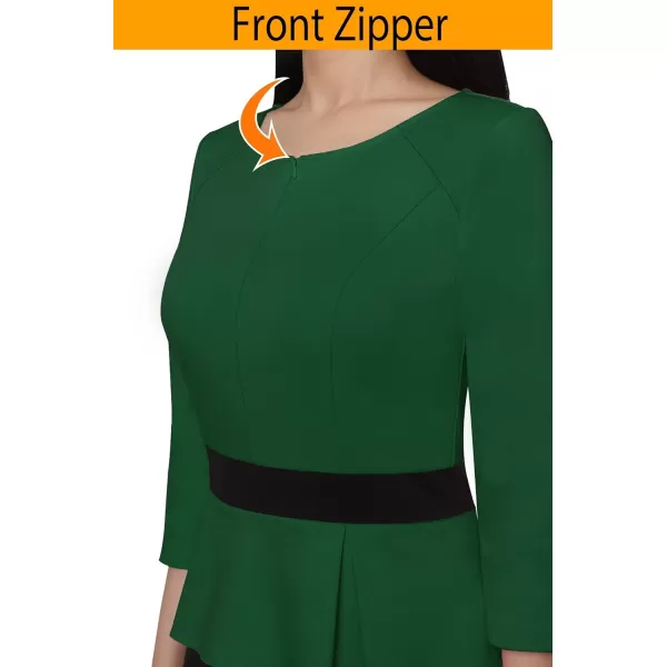 VFSHOW Womens Dark Green Black Peplum Patchwork Slim Front Zipper Work Business Office ALine Midi MidCalf Dress 10096 GRN L