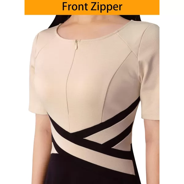 VFSHOW Womens Elegant Front Zipper Crisscross Waist Slim Wear to Work Business Office ALine DressApricot and Black