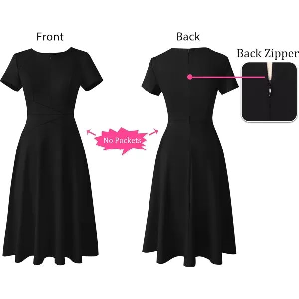 VFSHOW Womens Elegant Front Zipper Crisscross Waist Slim Wear to Work Business Office ALine DressBlack Short Sleeve