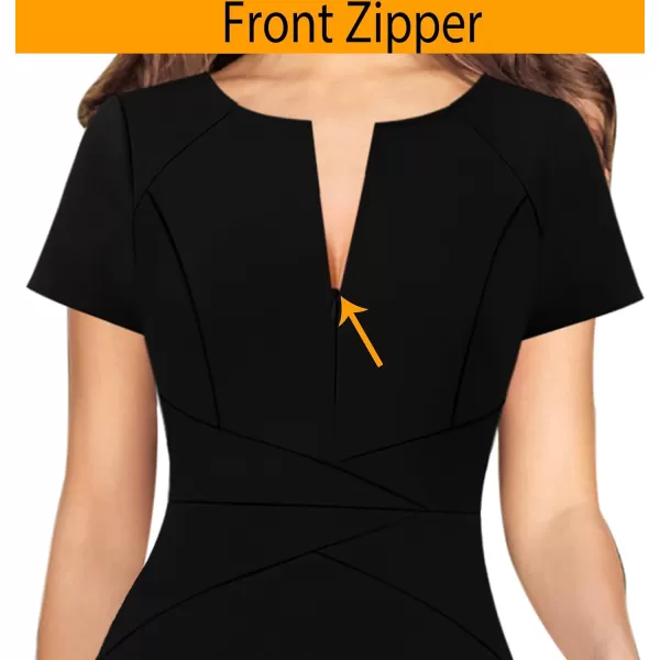 VFSHOW Womens Elegant Front Zipper Crisscross Waist Slim Wear to Work Business Office ALine DressBlack Short Sleeve