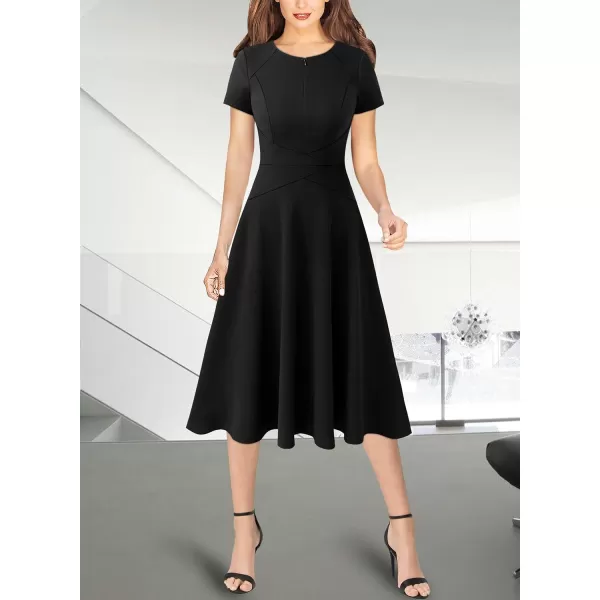 VFSHOW Womens Elegant Front Zipper Crisscross Waist Slim Wear to Work Business Office ALine DressBlackpolyester