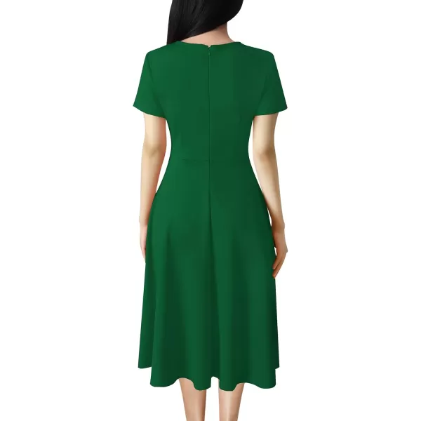 VFSHOW Womens Elegant Front Zipper Crisscross Waist Slim Wear to Work Business Office ALine DressGreen Short Sleeve