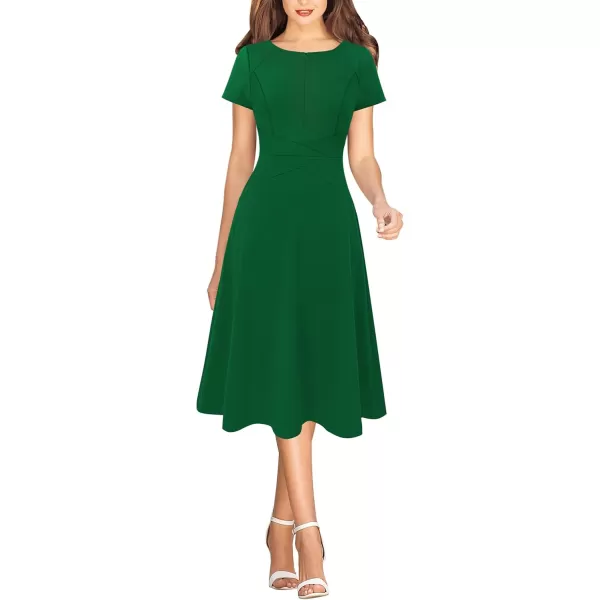 VFSHOW Womens Elegant Front Zipper Crisscross Waist Slim Wear to Work Business Office ALine DressGreen Short Sleeve