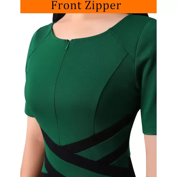 VFSHOW Womens Elegant Front Zipper Crisscross Waist Slim Wear to Work Business Office ALine DressGreen and Black