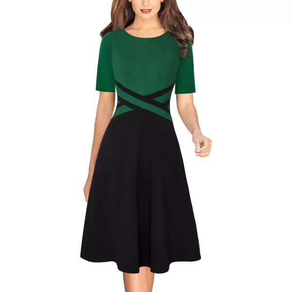 VFSHOW Womens Elegant Front Zipper Crisscross Waist Slim Wear to Work Business Office ALine DressGreen and Black