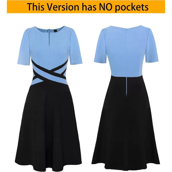 VFSHOW Womens Elegant Front Zipper Crisscross Waist Slim Wear to Work Business Office ALine DressLight Blue and Black