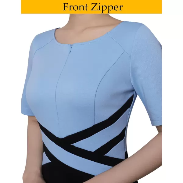 VFSHOW Womens Elegant Front Zipper Crisscross Waist Slim Wear to Work Business Office ALine DressLight Blue and Black