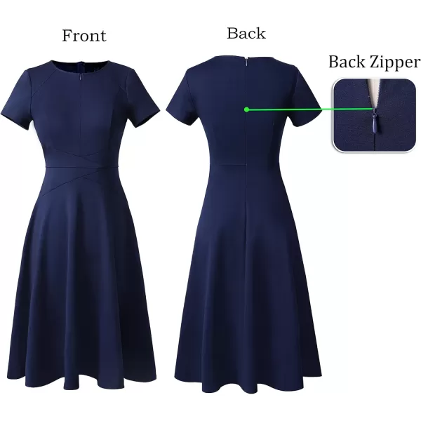 VFSHOW Womens Elegant Front Zipper Crisscross Waist Slim Wear to Work Business Office ALine DressNavy Blue Midi