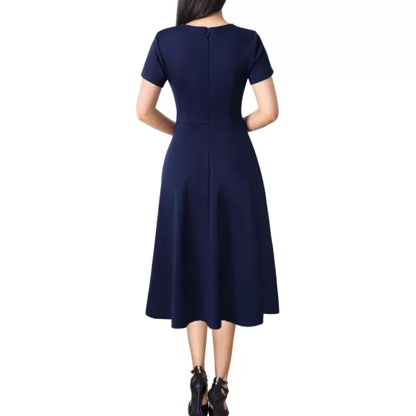 VFSHOW Womens Elegant Front Zipper Crisscross Waist Slim Wear to Work Business Office ALine DressNavy Blue Midi