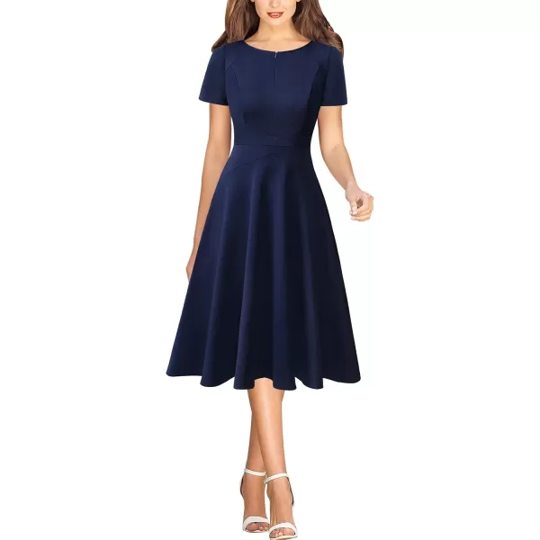 VFSHOW Womens Elegant Front Zipper Crisscross Waist Slim Wear to Work Business Office ALine DressNavy Blue Midi