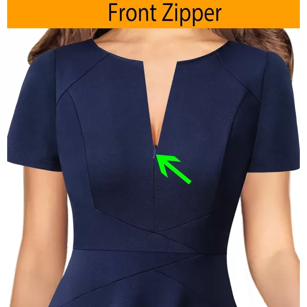 VFSHOW Womens Elegant Front Zipper Crisscross Waist Slim Wear to Work Business Office ALine DressNavy Blue Midi