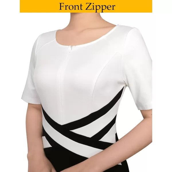 VFSHOW Womens Elegant Front Zipper Crisscross Waist Slim Wear to Work Business Office ALine DressOff White and Black